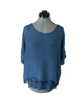 Tina Stephens Adriana Silk Double Raw Edge Short Sleeve Top in Blue O/S